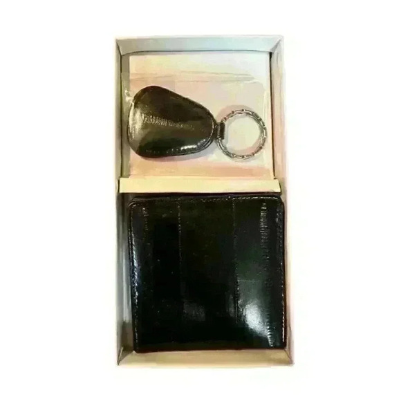 Vintage Lee Sands Eel Skin Compact Mirror and Key Chain Black Original Box - Picture 2 of 3